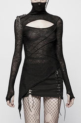 Black High Collar Long Sleeves Hollow Asymmetric Women's Punk T-Shirt